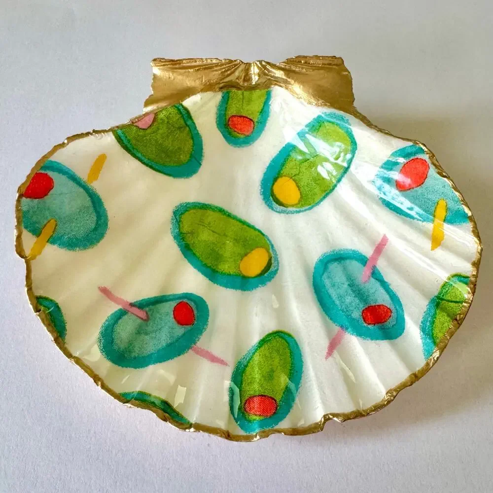 Olive Martini Shell Trinket Dish Gold Edge Ring Dish Bar Cart Hostess Gift